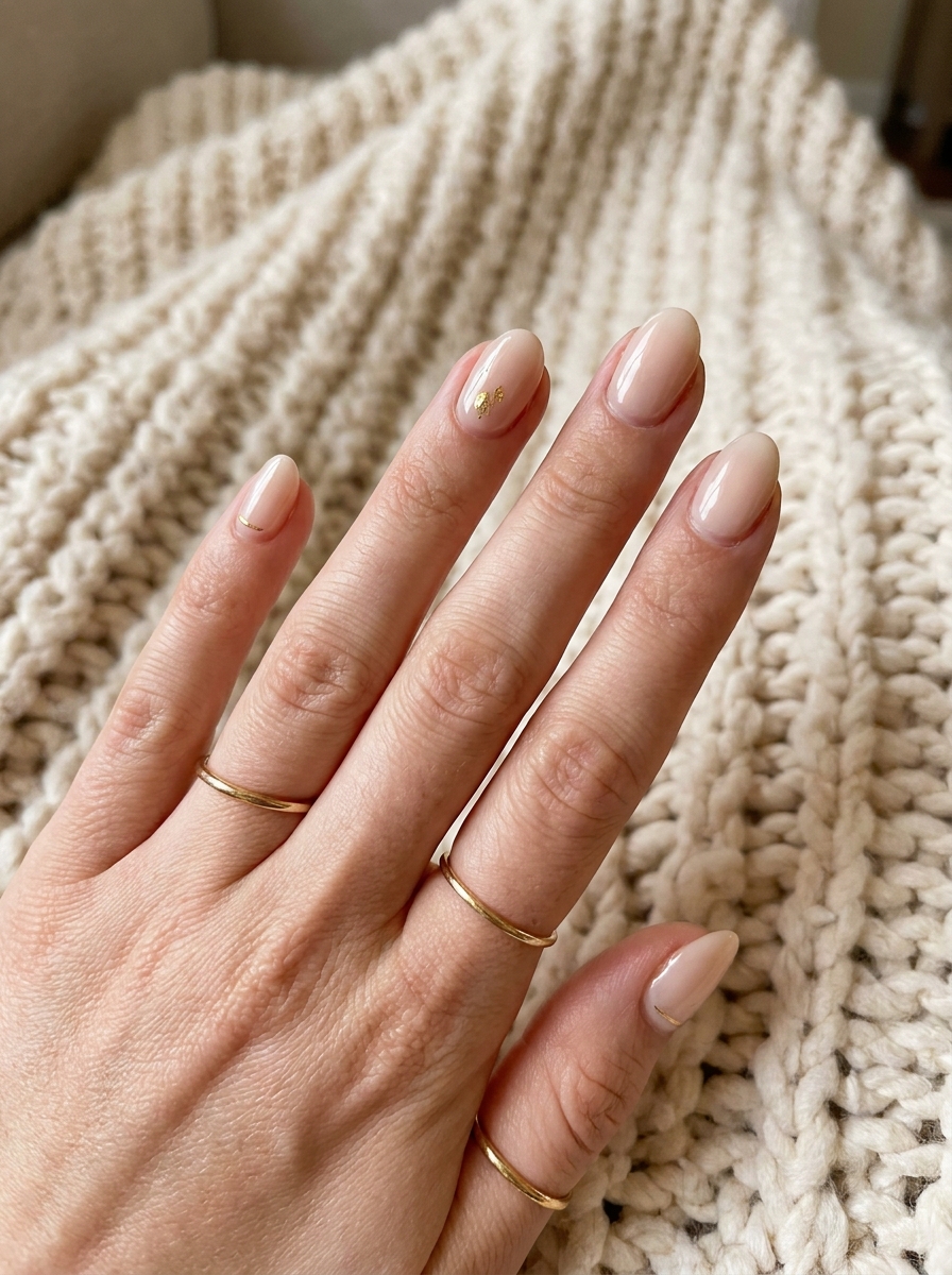 Nude Nails mit Goldakzent als Nägel Inspiration Herbst 2026